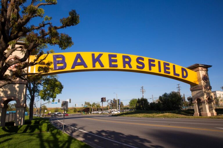 BAKERSFIELD, CA - APRIL 4: The official downtown entrance sign adjacent to the Buck Owens' Crystal Palace is viewed on April 4, 2017, in Bakersfield, California. California Highway 58 stretches across the central part of state beginning in Santa Margarita and running east across the central valley, passing through Bakersfield and the Mojave Desert, ending in Barstow. (Photo by George Rose/Getty Images)